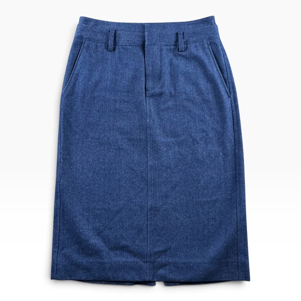 Vince Womens 0 Double Waistband Denim Pencil Midi Skirt Blue Italian Fabric